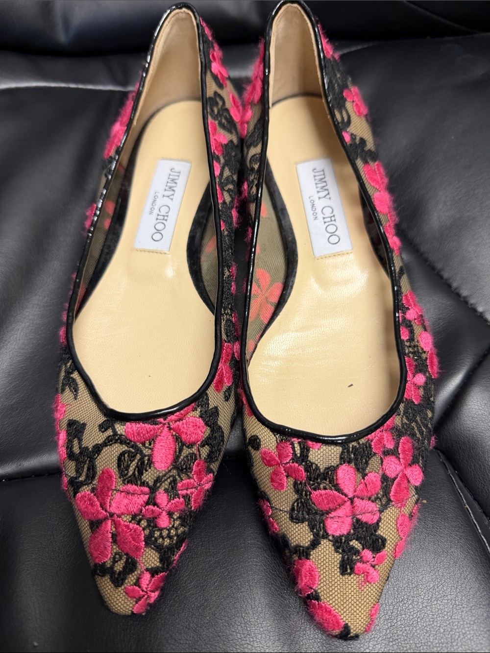 Jimmy Choo Black Lace Flats with Pink Floral Embroidery